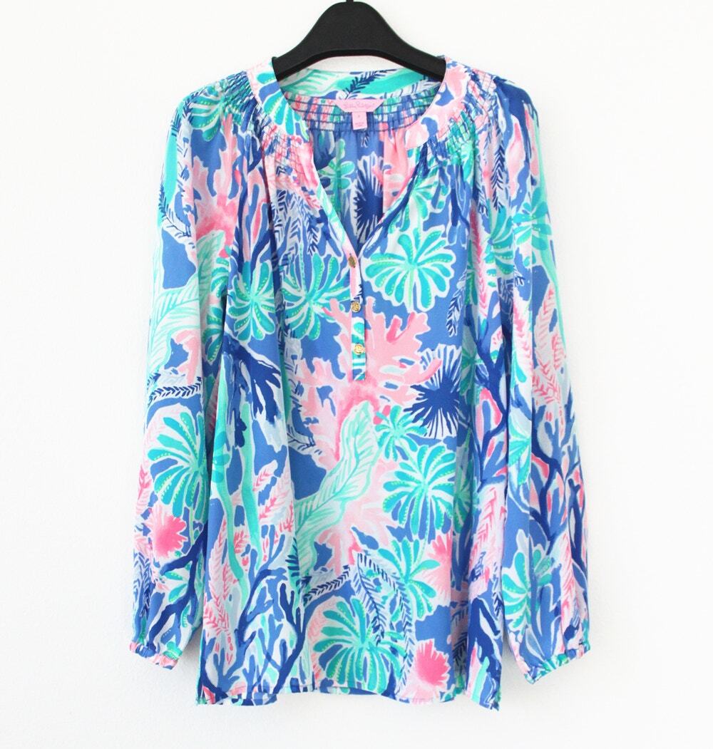 NWT Lilly Pulitzer Elsa Top Silk Blouse, Jet Stream, Size XS